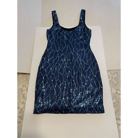 Lily Rose Sequined Leaf Print Tank Dress, Small. Blue, Green and Black. Taylor S - Picture 6 of 12